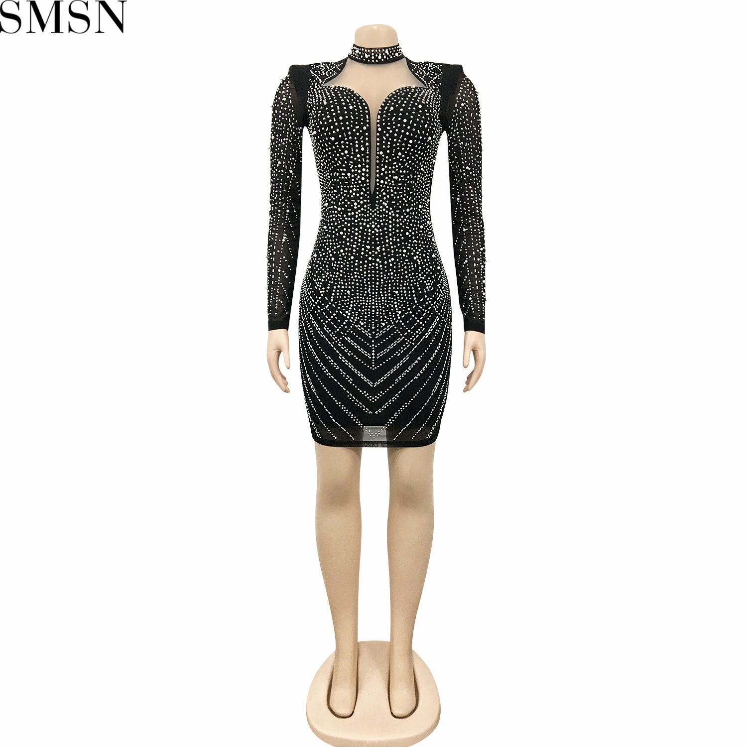 Plus Size Dress deep V nightclub party formal dress hot rhinestone mesh see-through women's clothing