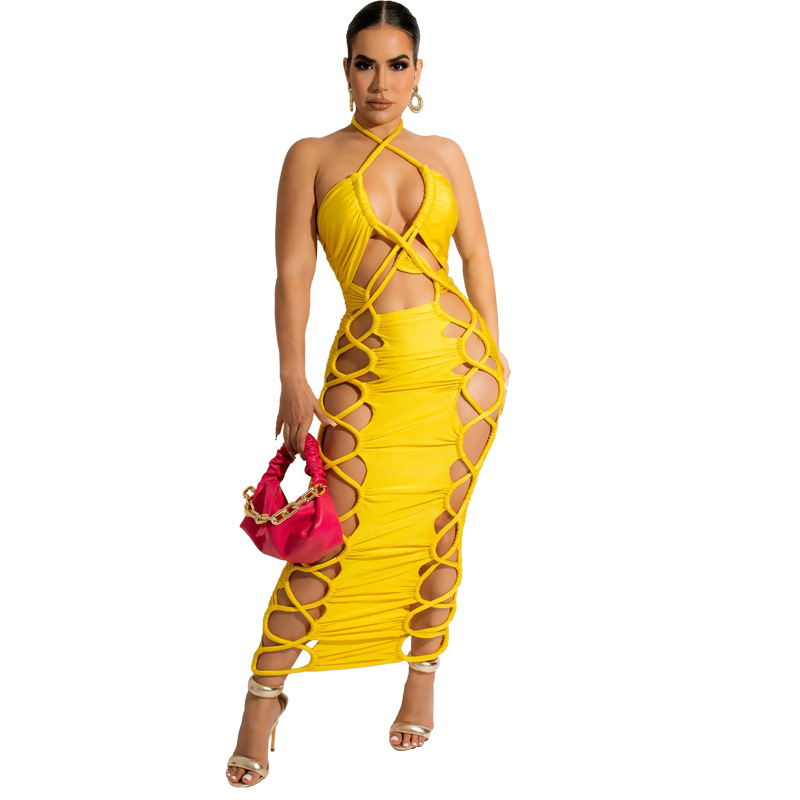 Fashion dress for women 2022 European and American neck hanging hollow tight suspender sexy nightclub dress