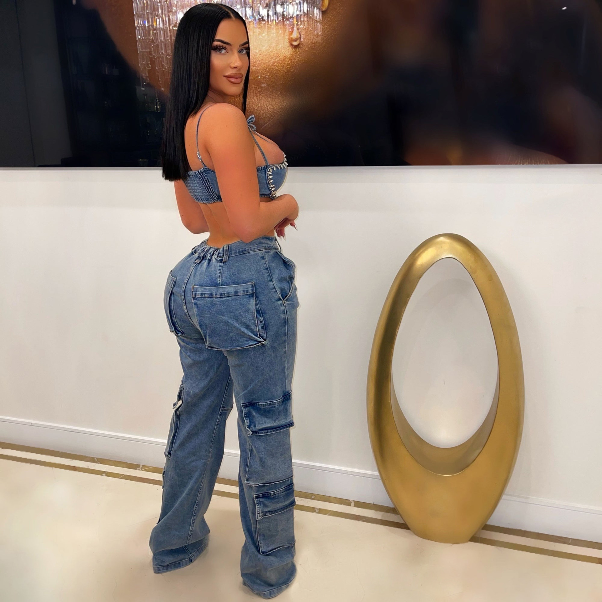 Fashionable water washing work bag zipper casual elastic waist denim pants