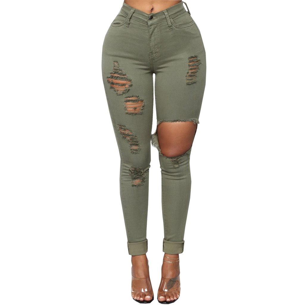 Fashion high waist denim hole tights