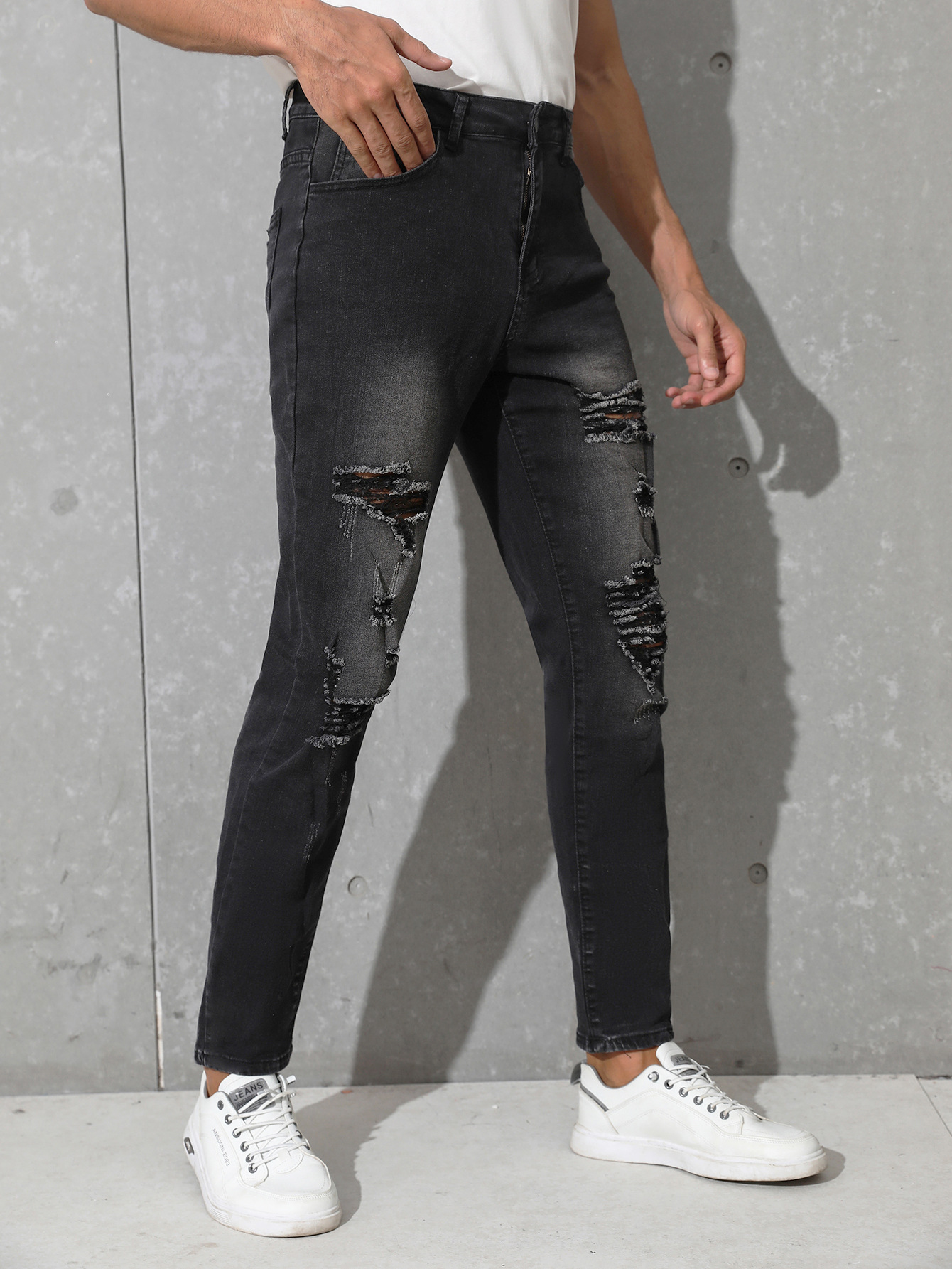 Casual men's stretch pierced dark gray jeans