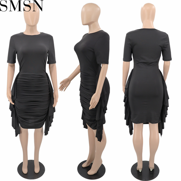 Plus Size Dress European and American AliExpress irregular ruffled slim pleated dress