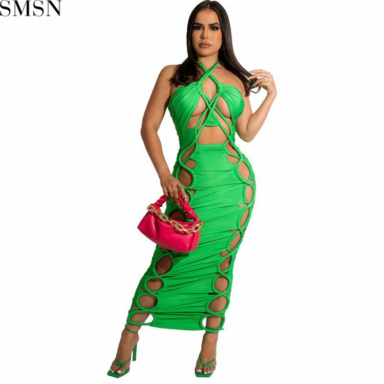 Fashion dress for women 2022 European and American neck hanging hollow tight suspender sexy nightclub dress