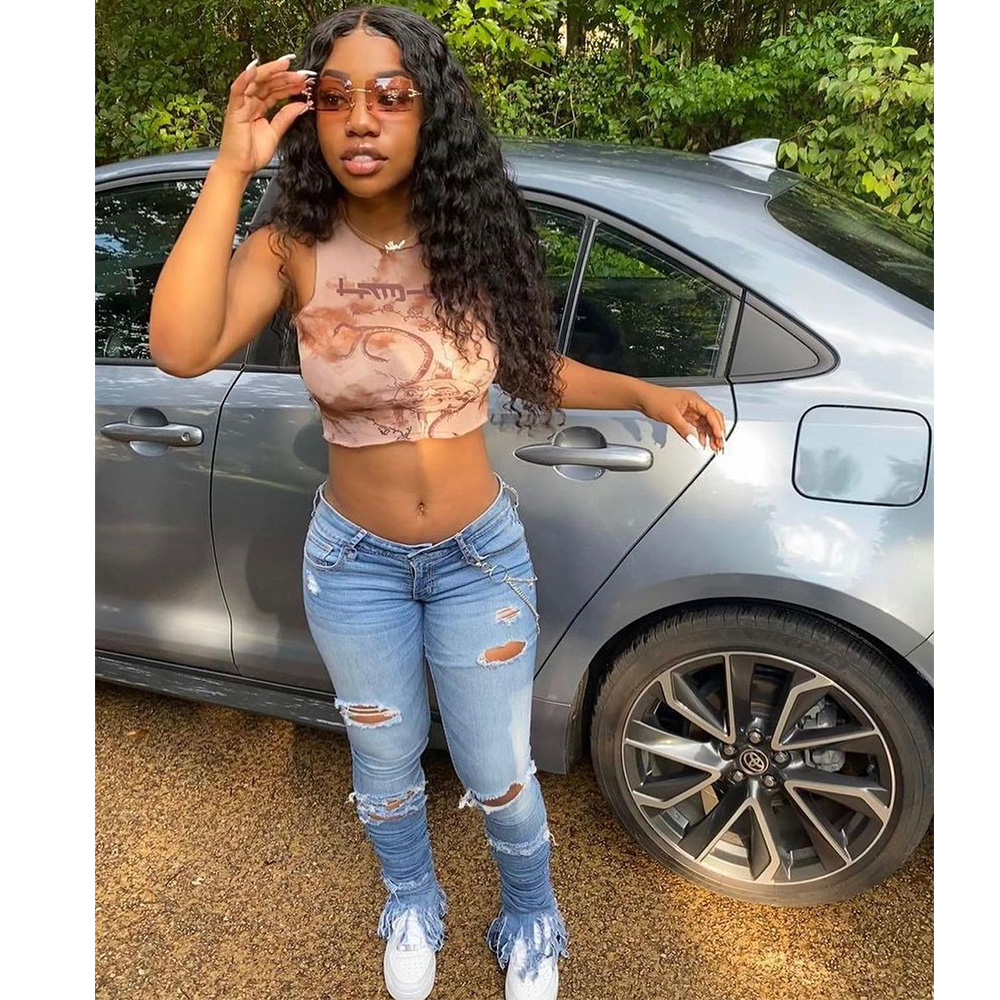 Hole flow comb pile pants jeans