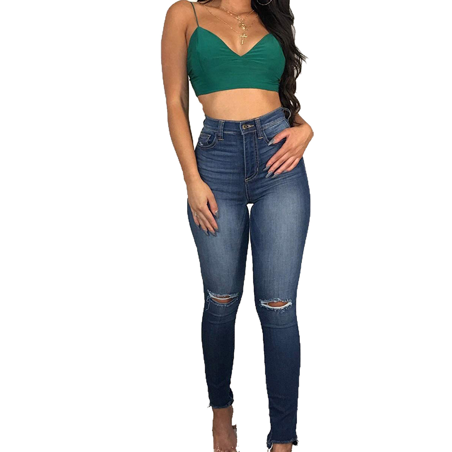 Fashion high waist denim tight pants with holes