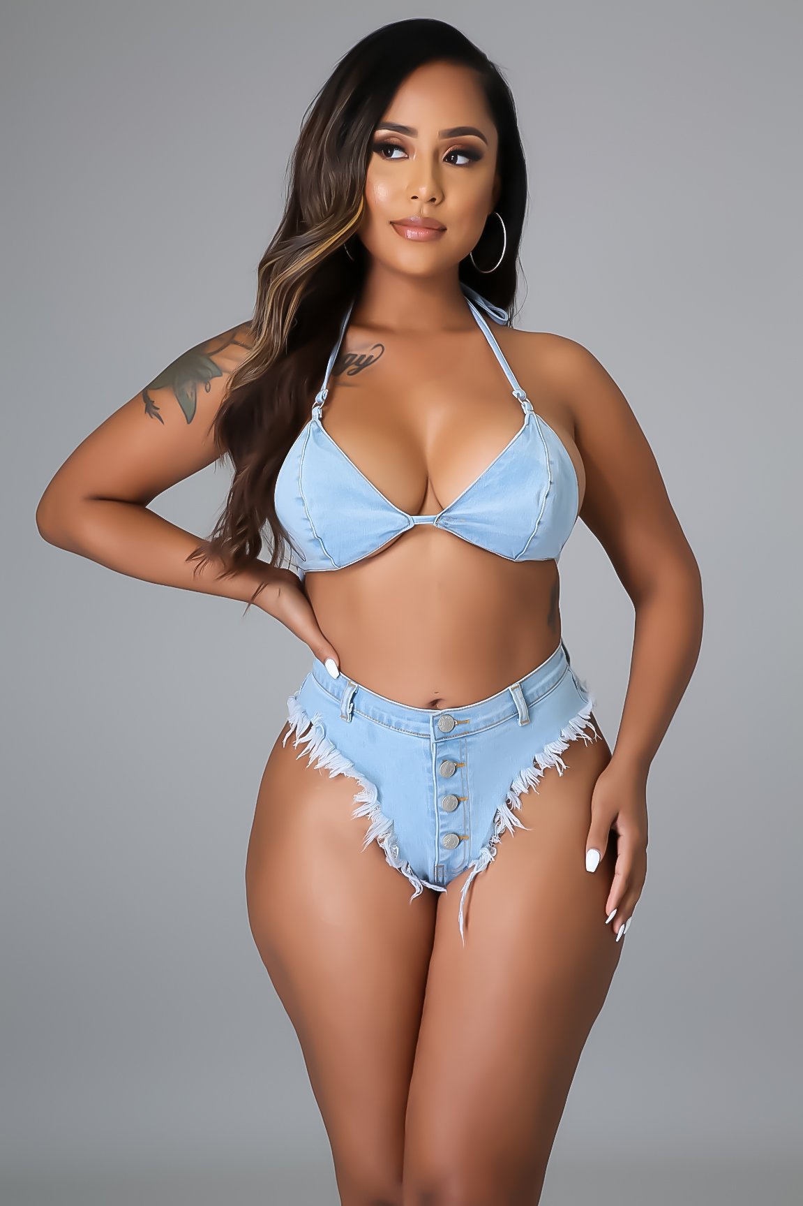 Bandage tassel sexy bikini denim suit