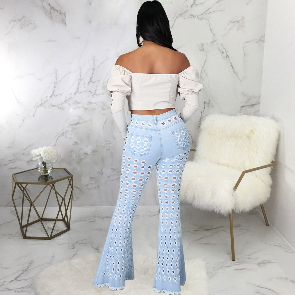 Fashion denim flared pants with holes