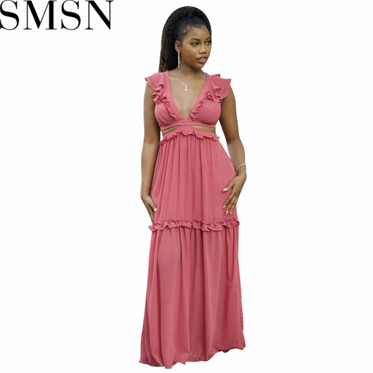 Plus size dress Amazon Quality Dress Sexy Deep V Lace up Wooden Ear Ruffled Vest Dress