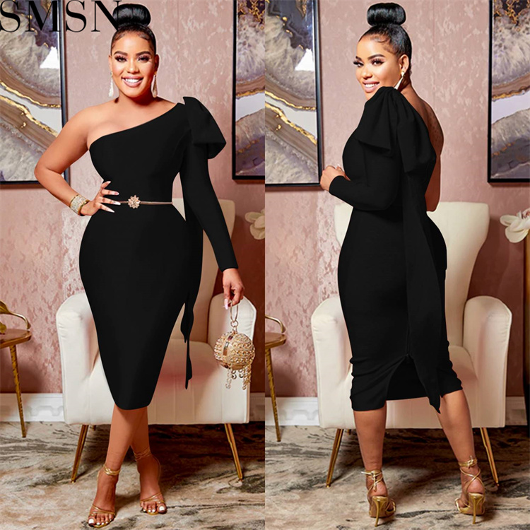 Fashion women dress Amazon women wear new diagonal collar single long sleeve bowknot ribbon dress