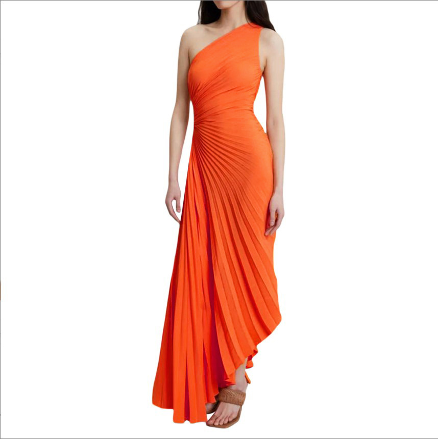 Single Shoulder Pleated Hollow Out Dress(Satin)