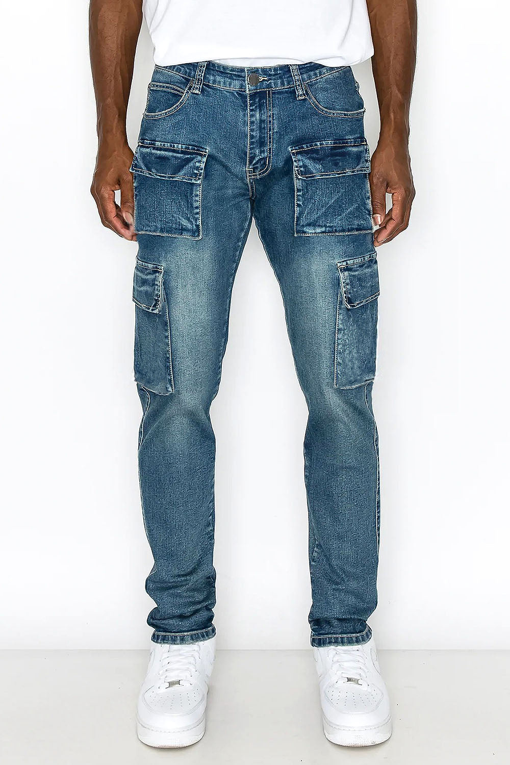 Fashion elastic side pocket jeans men's cargo pants