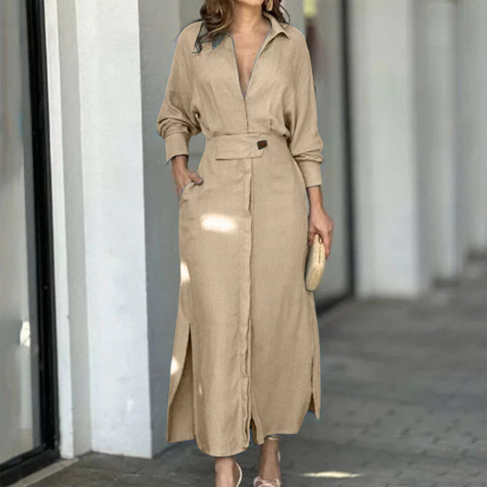 Solid Color Shirt Collar Dress Long Sleeved Long Skirt