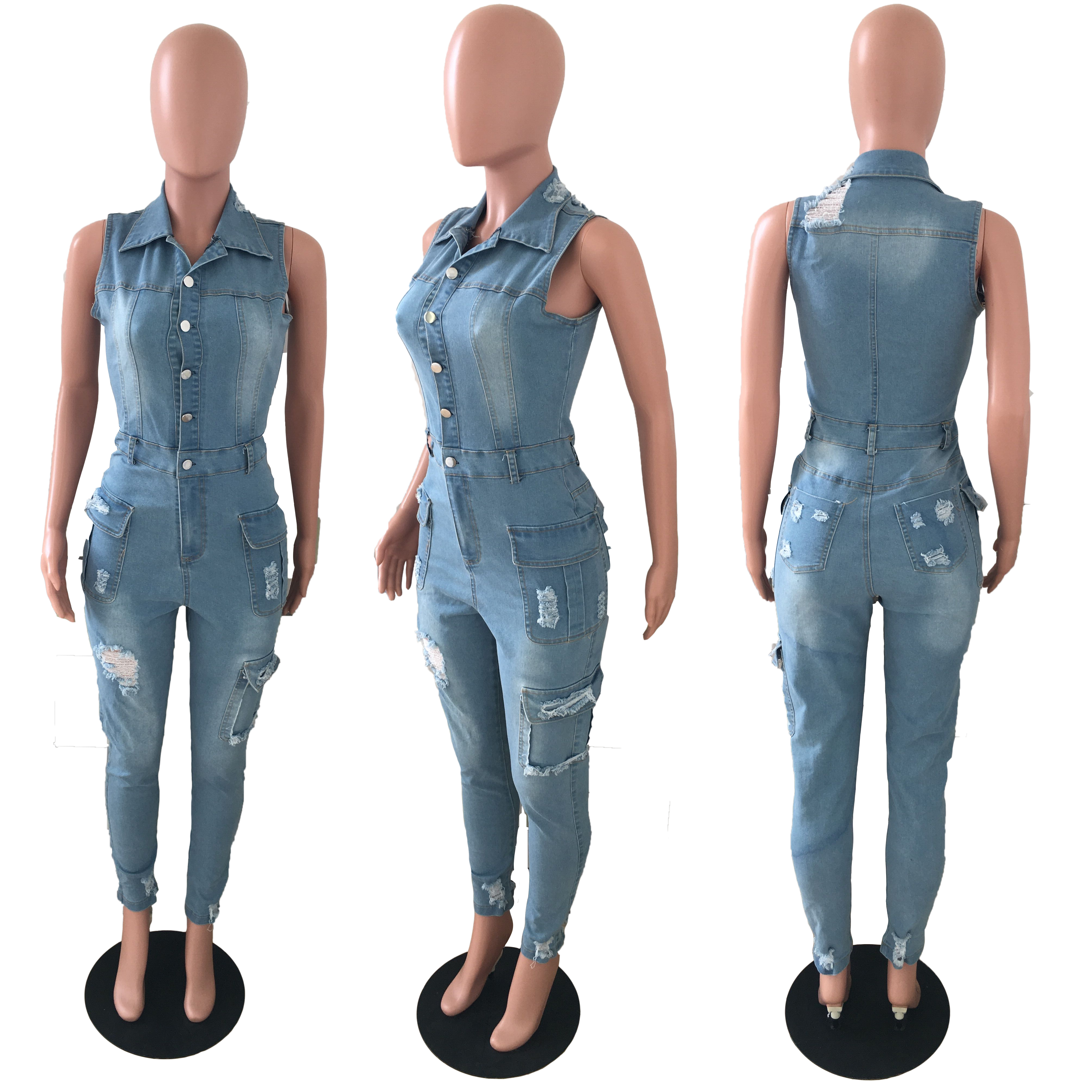 Casual slim hole denim Jumpsuit