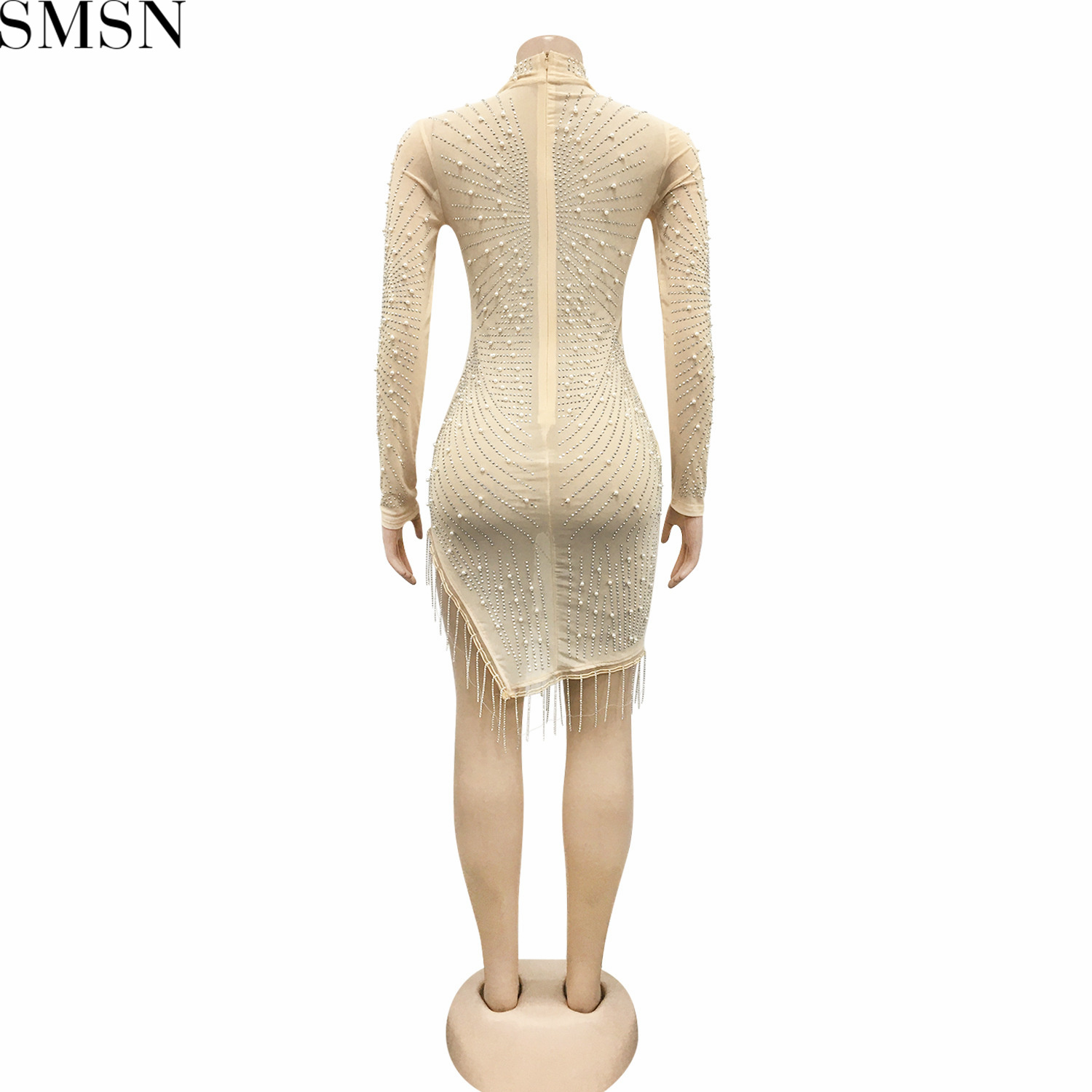 Fashion dress for women sexy nightclub mesh see-through hot rhinestone bubble bead tassel round-neck long-sleeved dress