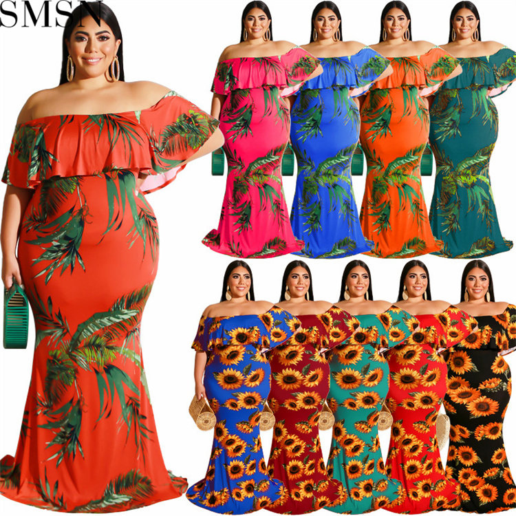 Plus Size Dress 2022 Summer Sunflowers Leaf Printed Sexy Tight Dress