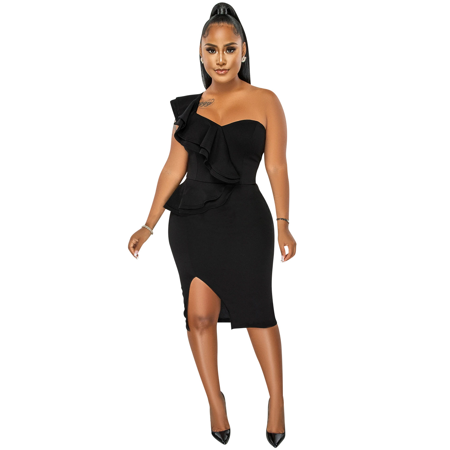 Plus Size DressFashion casual ruffled split one shoulder sleeve dress