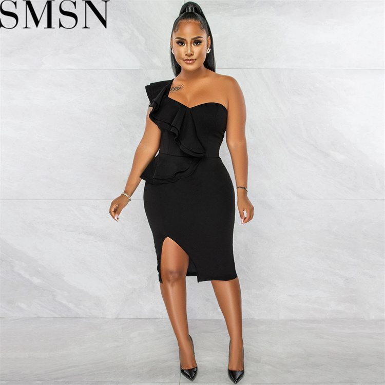 Plus Size DressFashion casual ruffled split one shoulder sleeve dress