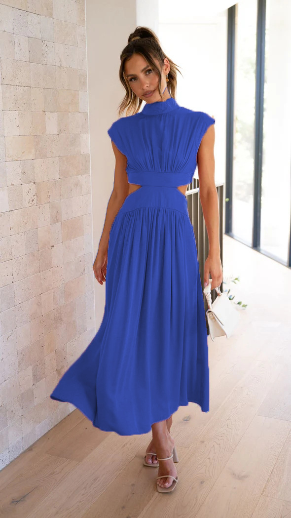 Fashionable Street Stand Collar Solid Color Open Waist Long Dress