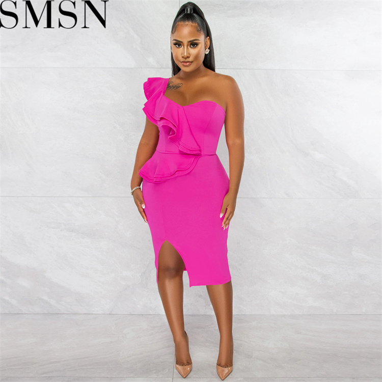Plus Size DressFashion casual ruffled split one shoulder sleeve dress