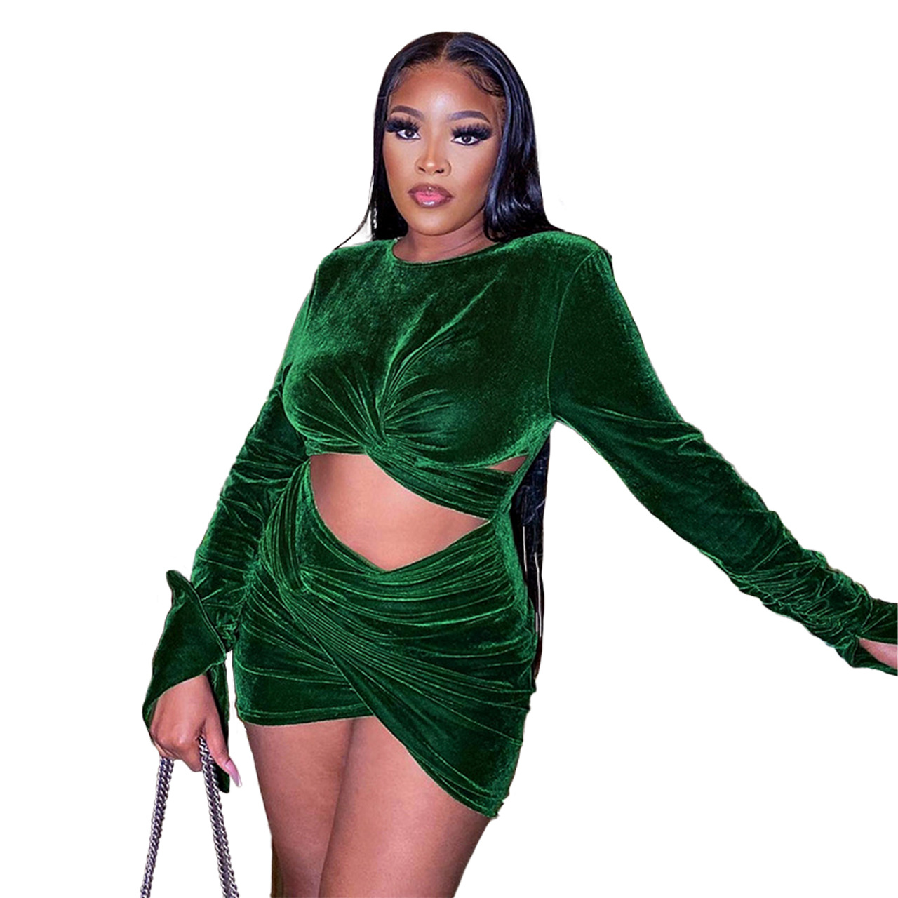 Plus Size Dress Amazon new product autumn and winter round neck hollow bell sleeve sexy irregular dress