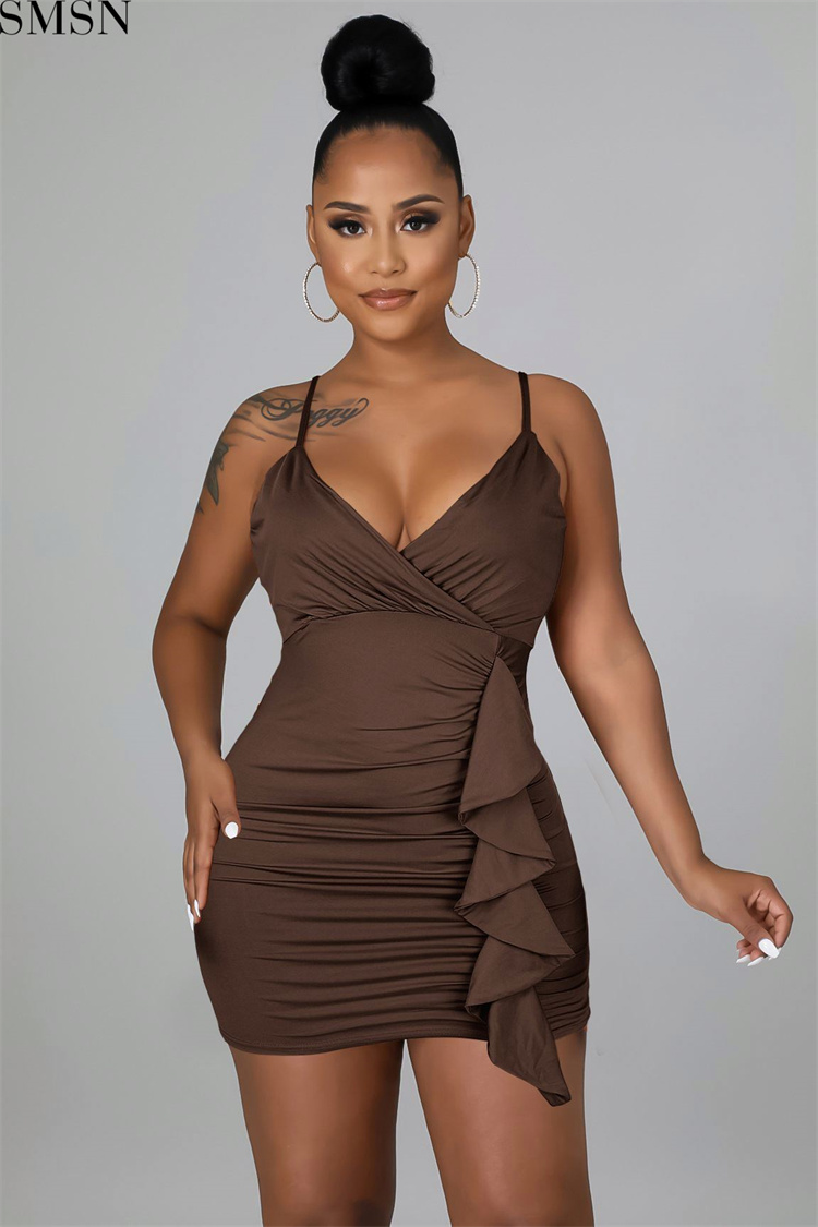 Fashion women dress sexy ruffled V neck topless sling bag hip nightclub dress