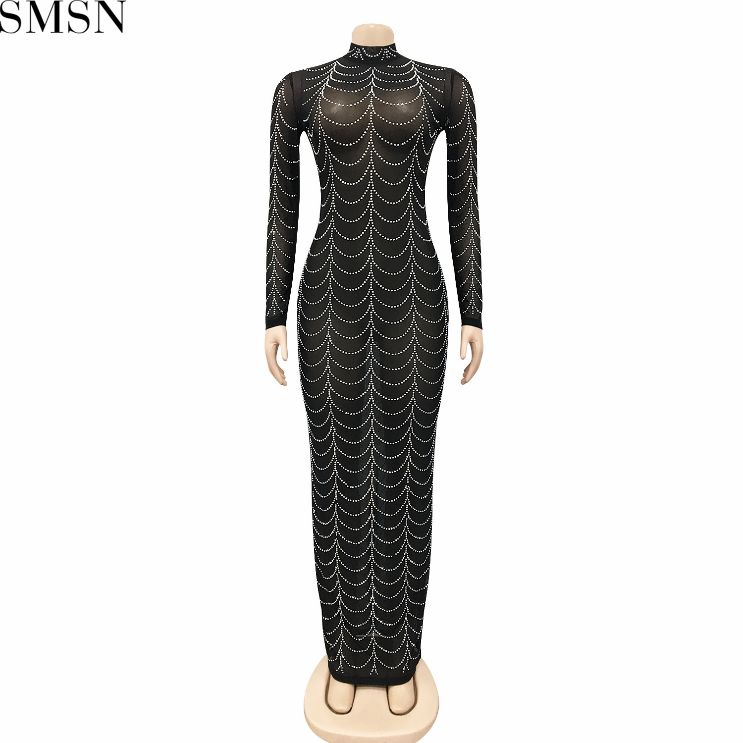 Plus Size Dress fashion new sexy nightclub hot rhinestone mesh see-through long sleeve dress