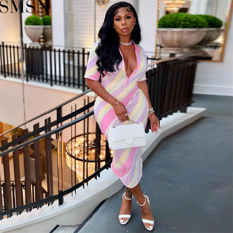 Casual Dress digital stripes contrast color positioning printing skinny V neck button sexy dress