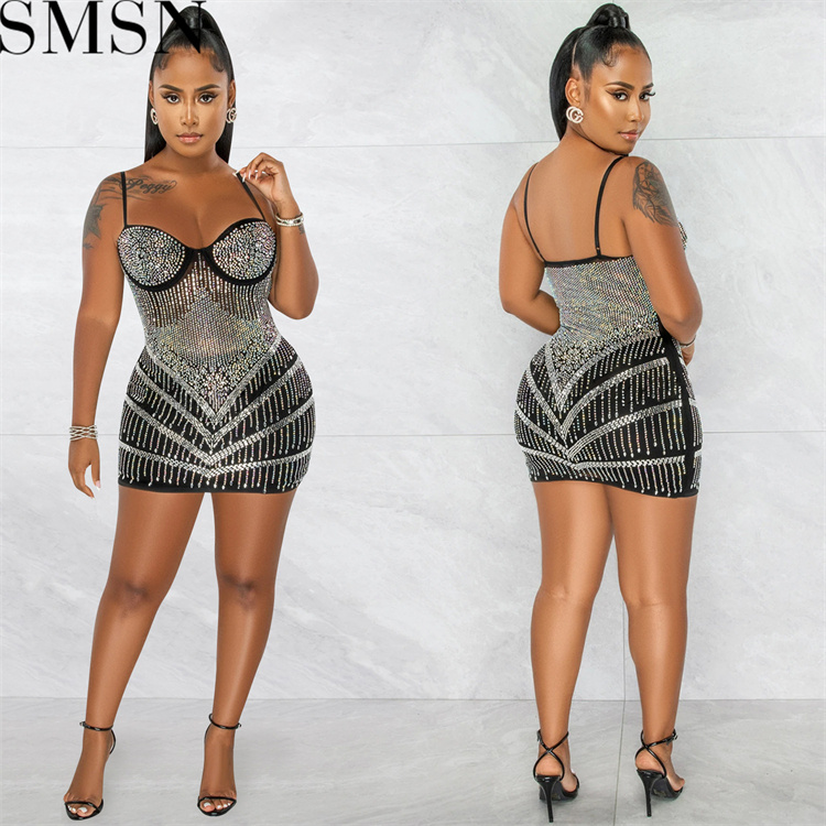 Casual Dress Amazon nightclubs hot rhinestone sexy see through wrapped chest midi dress