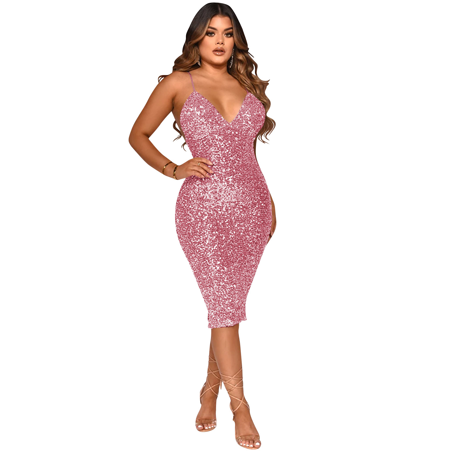 Casual Dress new pure color sequins sexy V neck brace midi dress for women