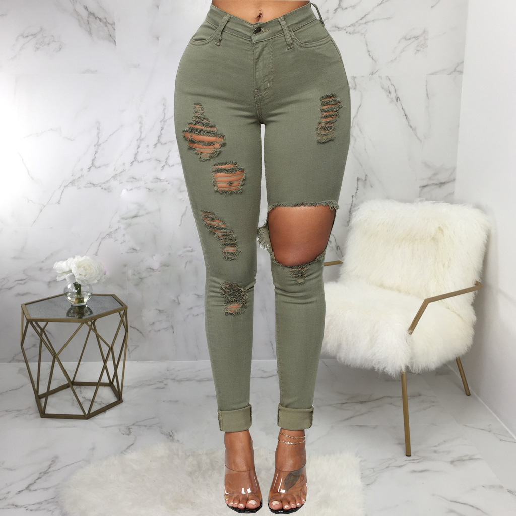 Fashion high waist denim hole tights