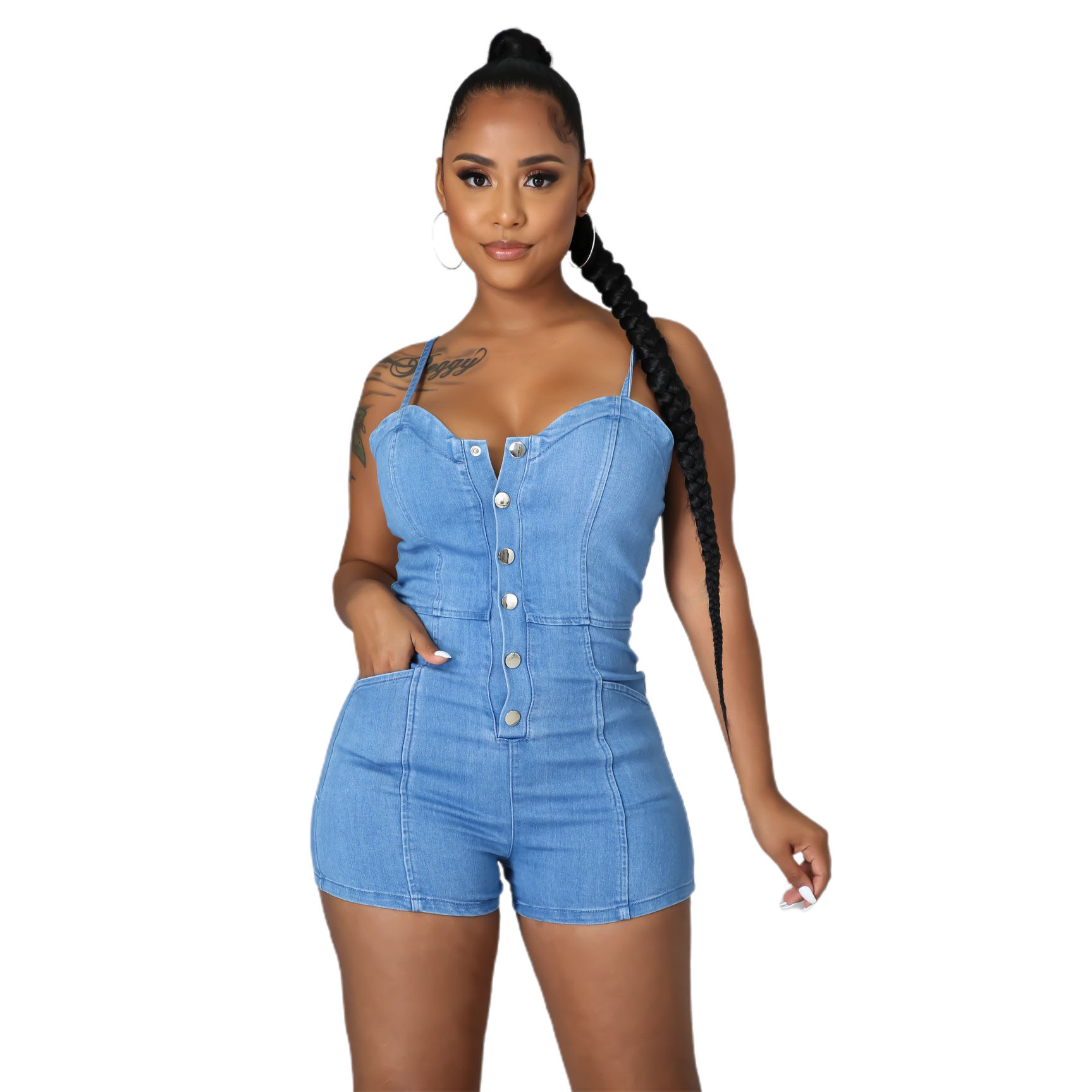 Casual high elastic denim suspender Jumpsuit