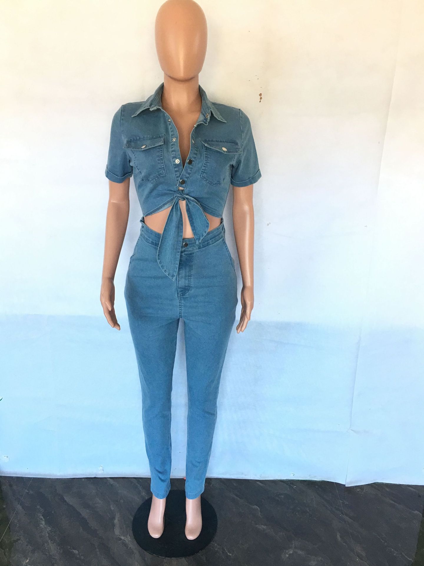 Sexy slim fitting fashion short sleeved denim jumpsuit