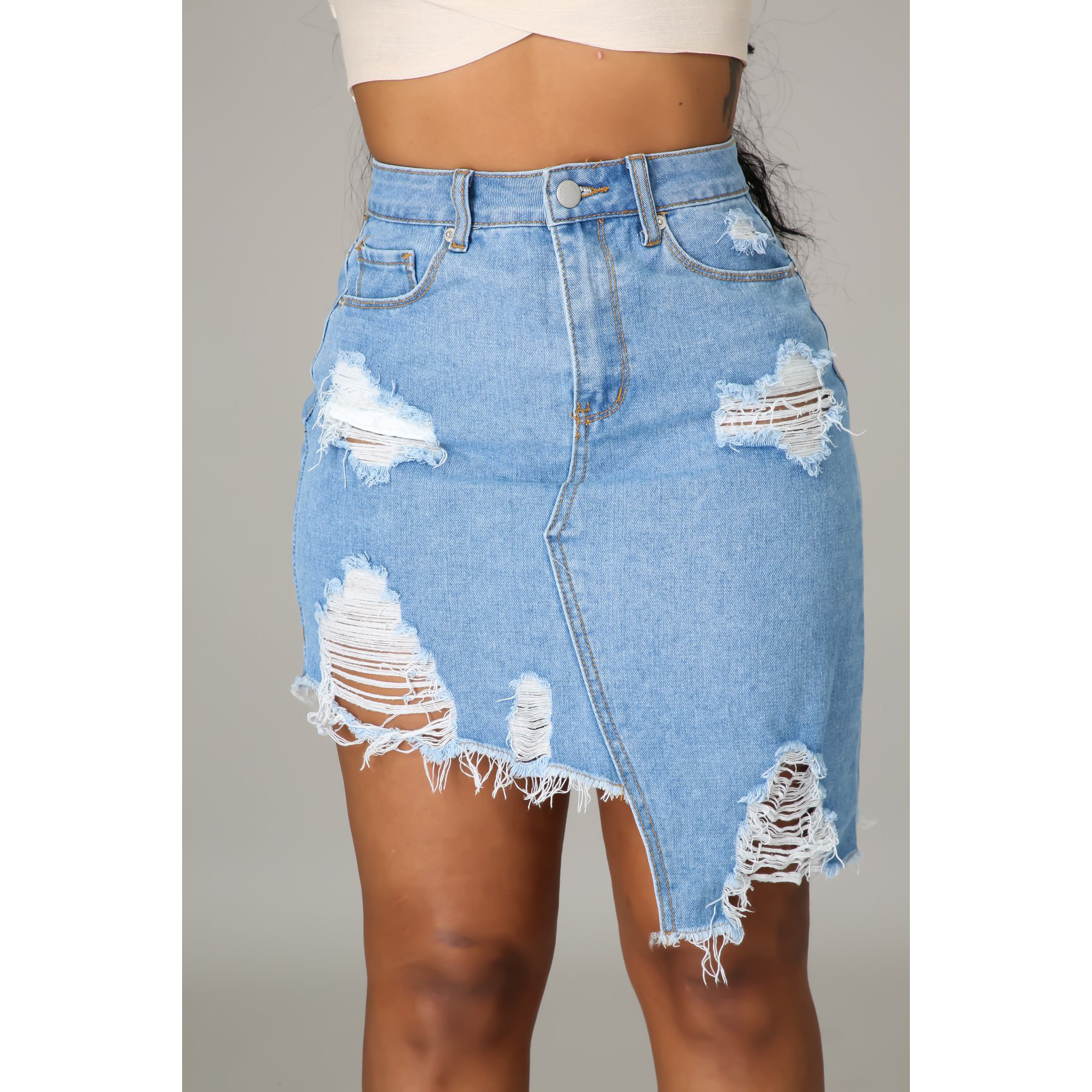 Sexy hole irregular straight denim skirt