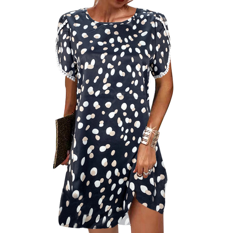 Casual Dress 2022 summer round neck short sleeve loose lace edge ladies floral dress