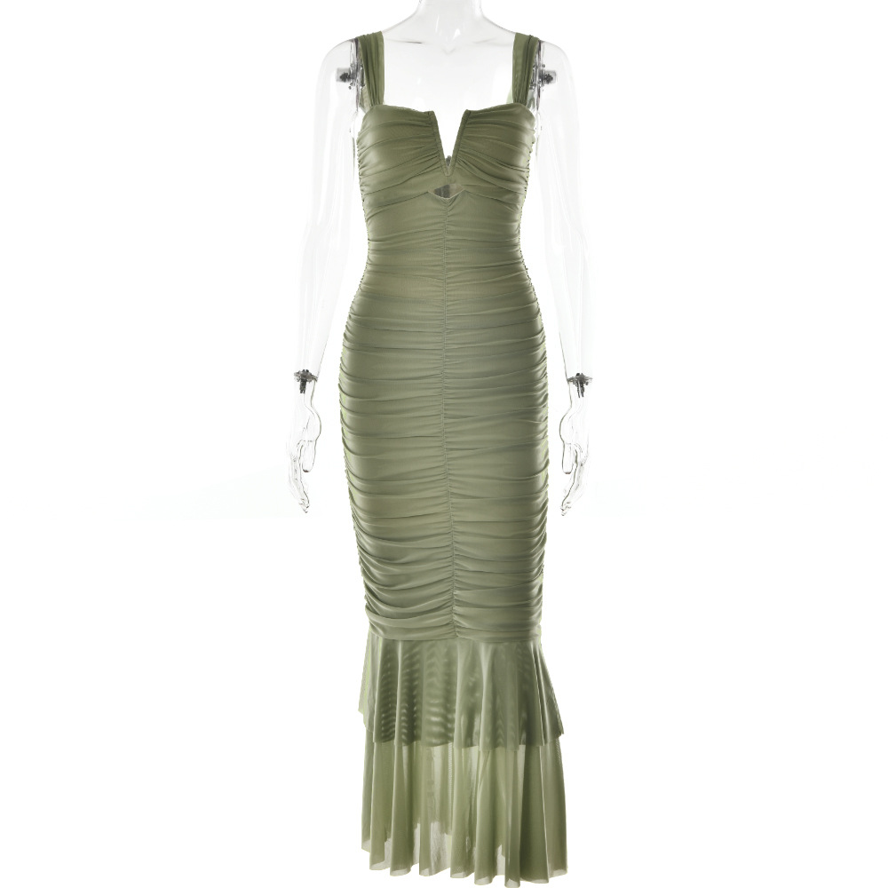 Sexy Tight Pleated Suspenders Dress Fishtail Dress For Women