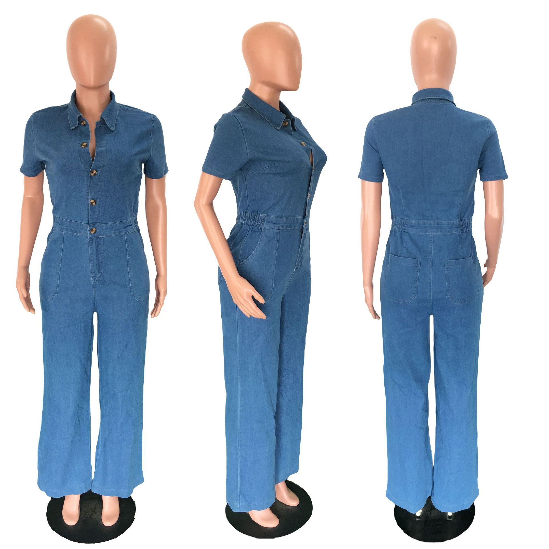 Sexy and fashionable denim jumpsuit short sleeved wide leg pants