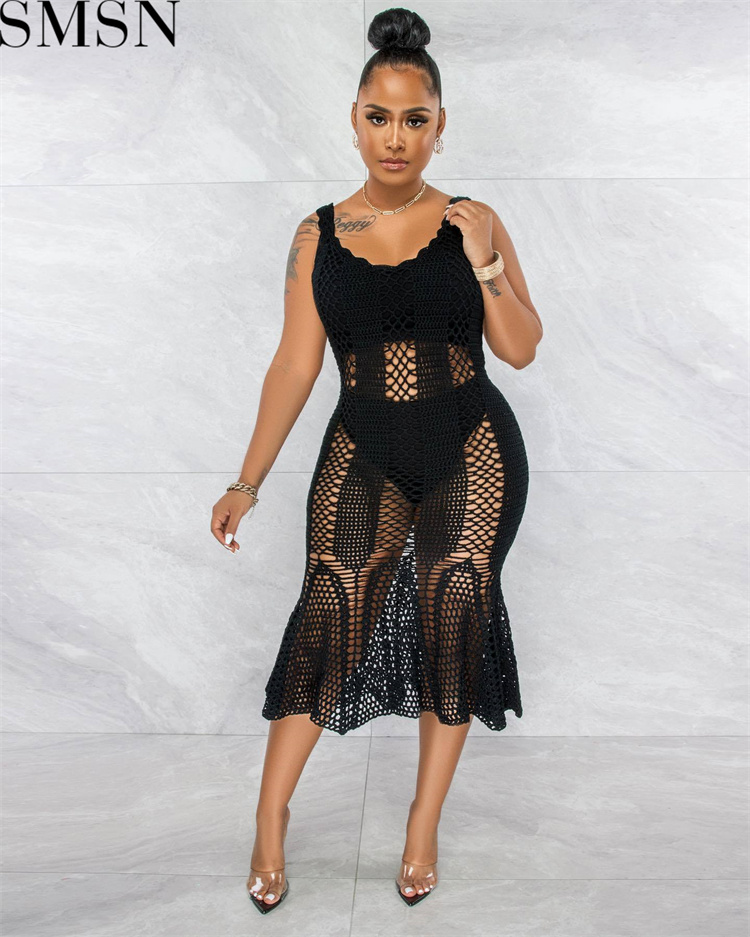 Fashion women dress Amazon Ins Style Sexy Cutout Strap Blouse Hand Crochet Knitted Dress