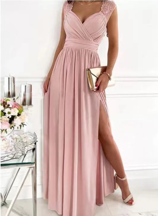 Sleeveless Lace Open Back Bottom Split Dress