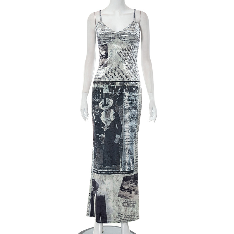 Printed Sleeveless Strap Wrapped Hip Long Dress