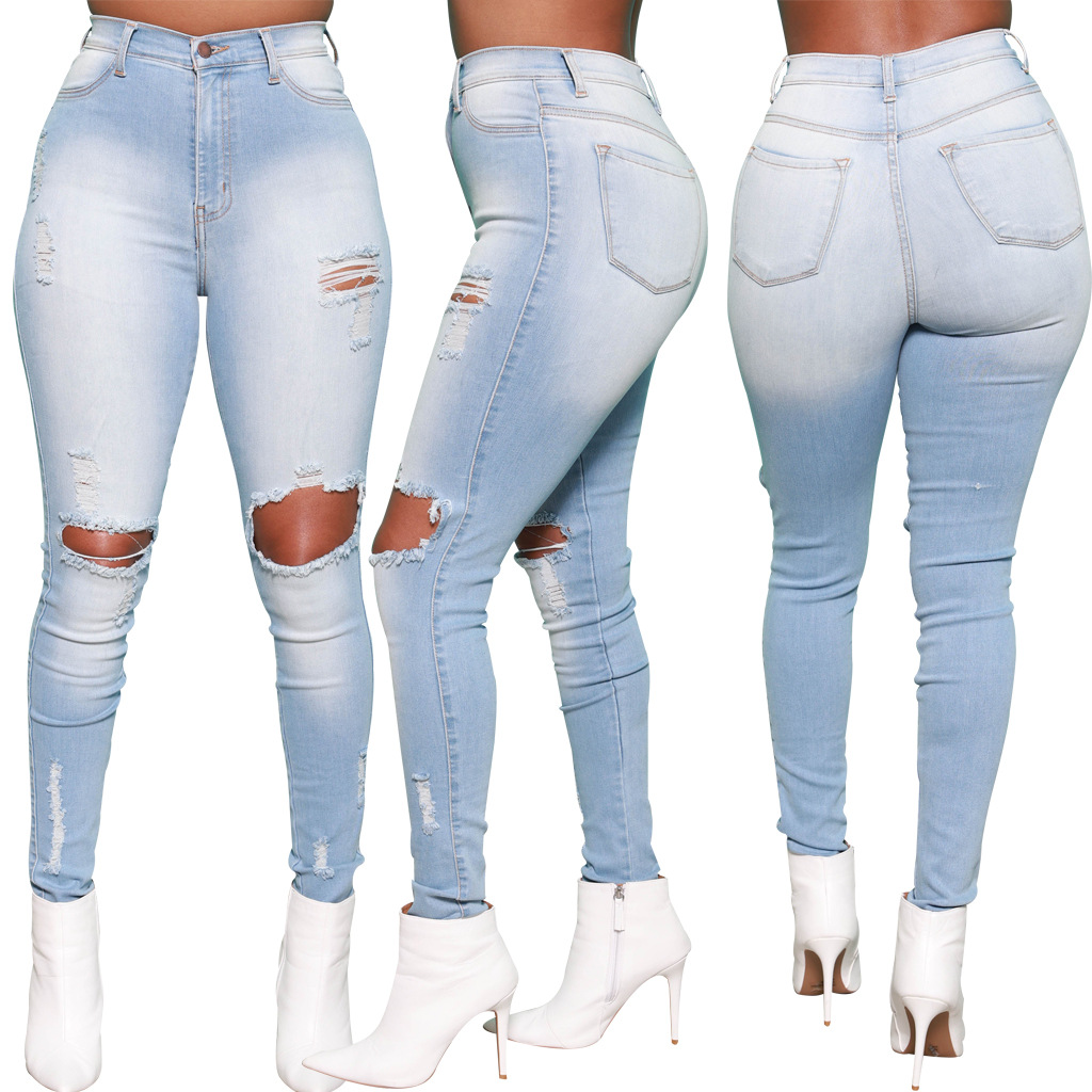 Hole washing slim elastic denim Leggings
