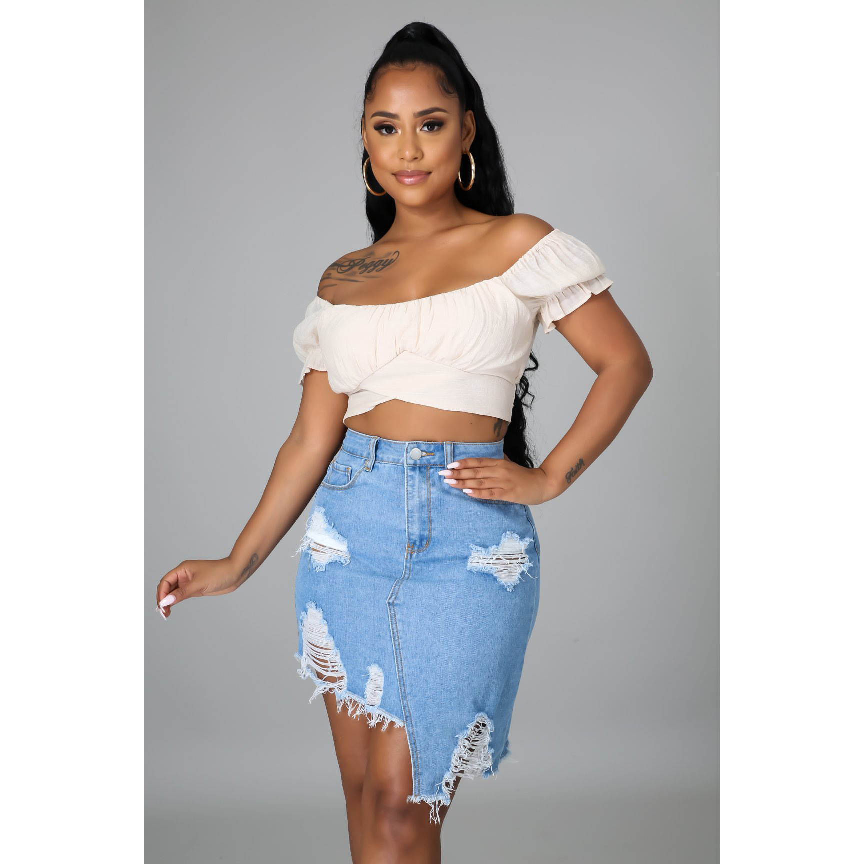 Sexy hole irregular straight denim skirt