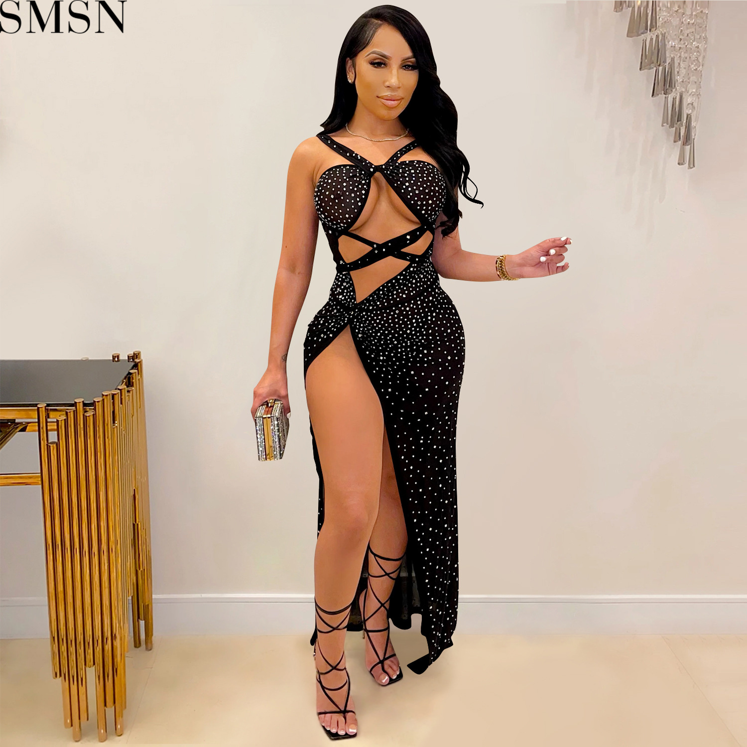 Plus Size Dress new fashion style nightclub mesh hot drilling sexy hollow-out camisole split maxi dress