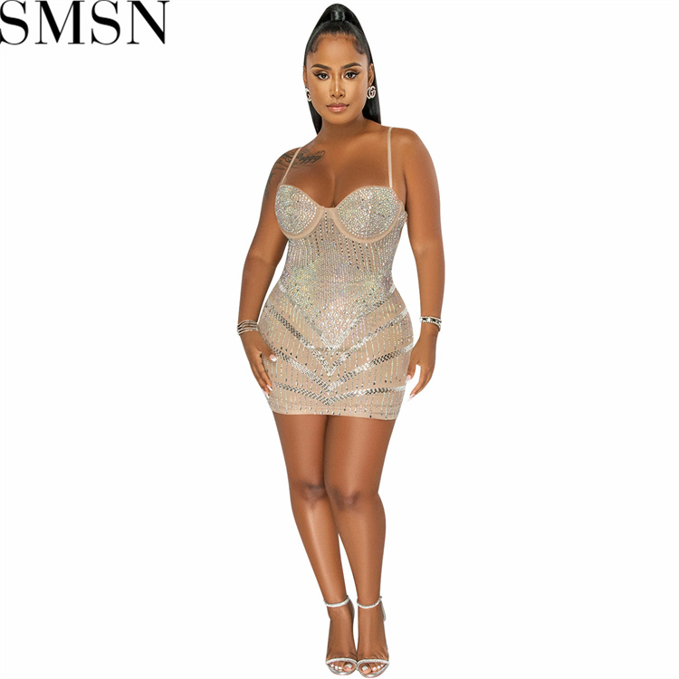 Casual Dress Amazon nightclubs hot rhinestone sexy see through wrapped chest midi dress