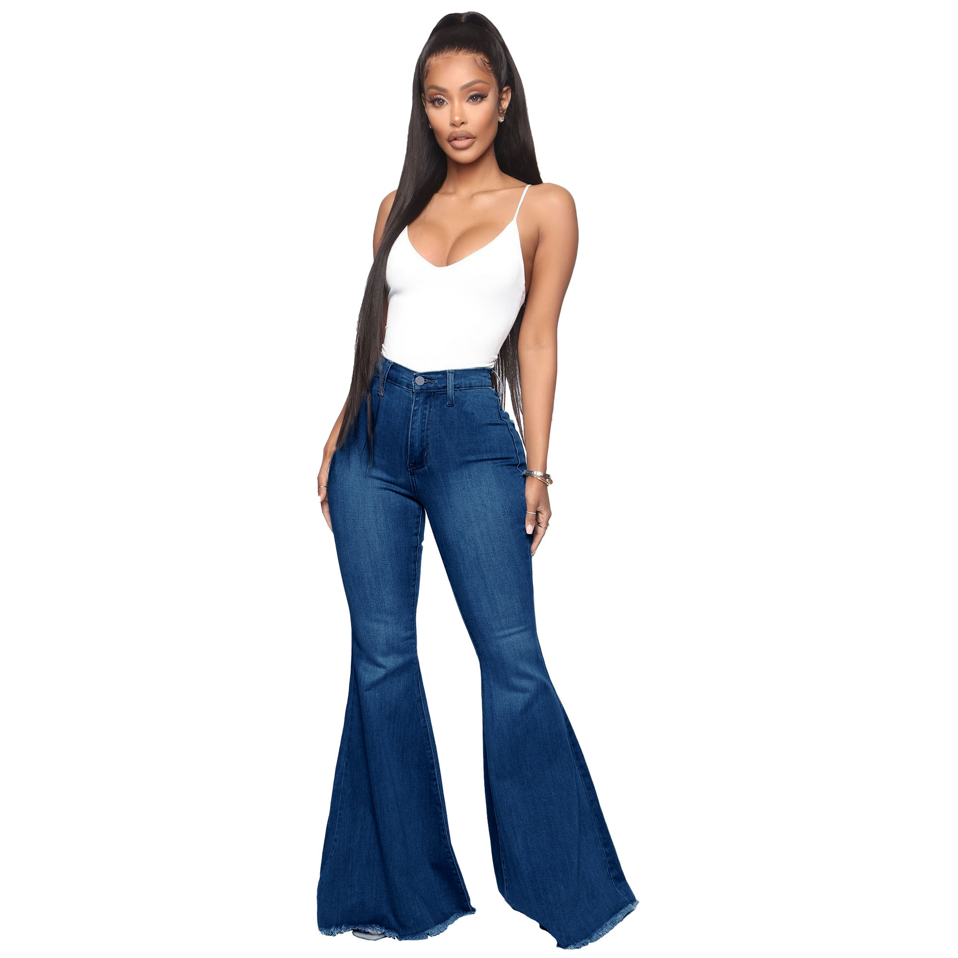 Fashion high waist elastic denim flared pants