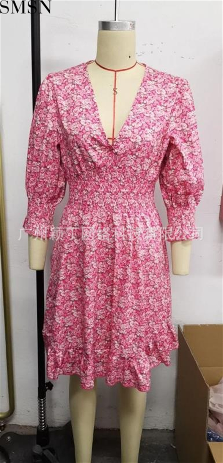 Mid-skirt pullover print short sleeve puff sleeve mid-waist floral dress plus size casual dress