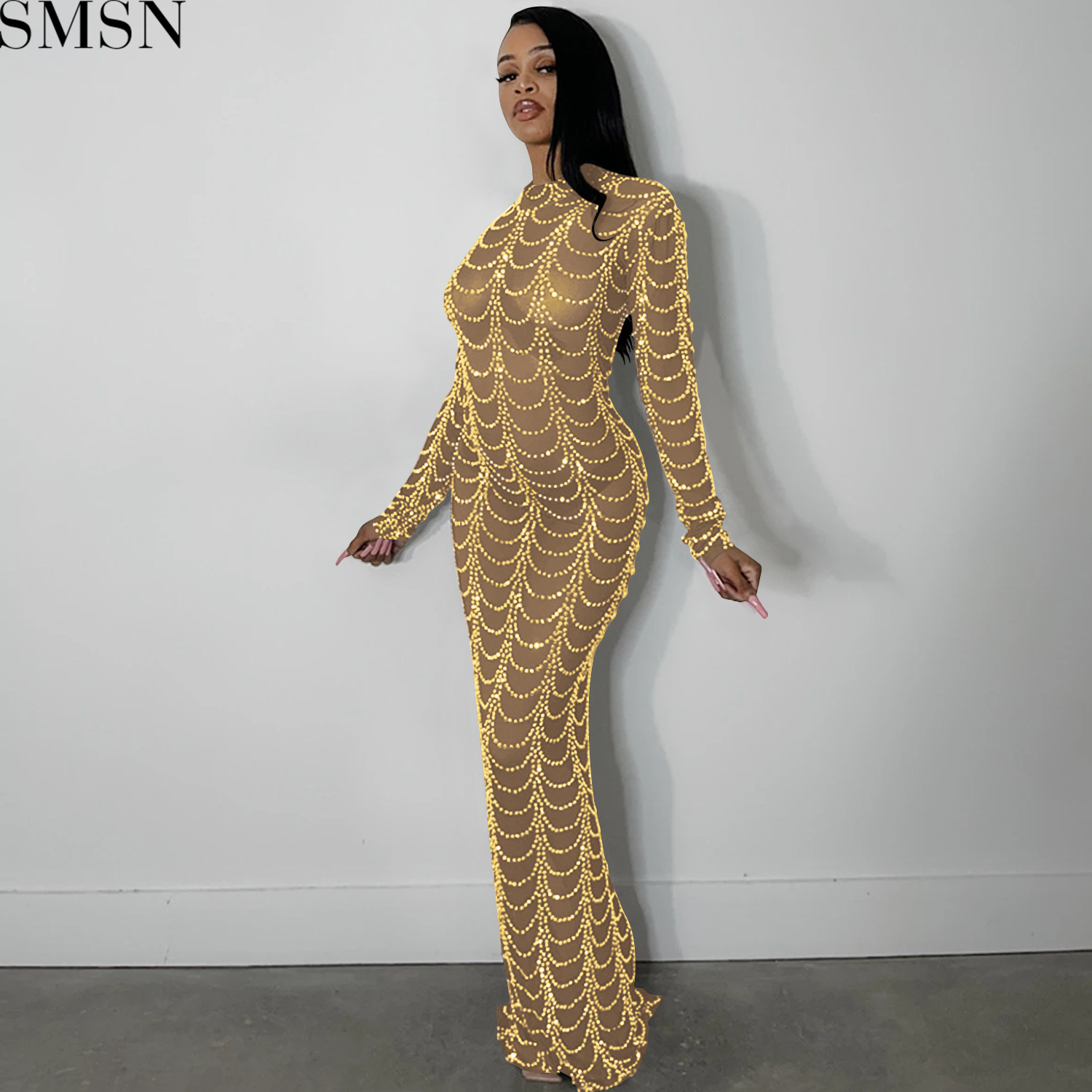 Plus Size Dress fashion new sexy nightclub hot rhinestone mesh see-through long sleeve dress