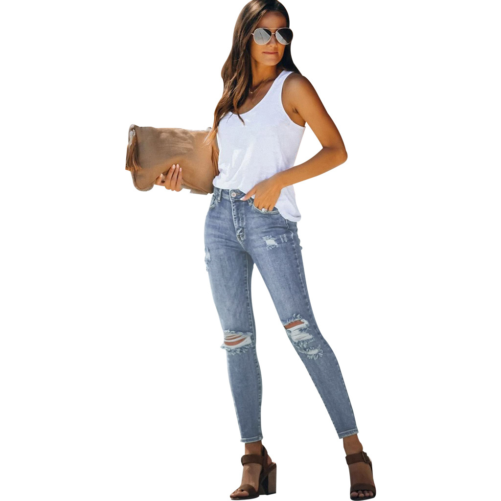 Hole washing slim elastic denim Leggings