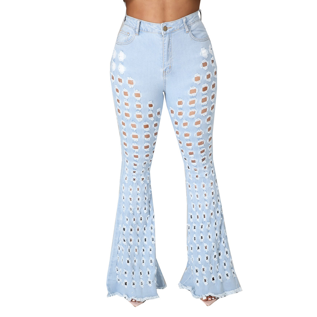 Fashion denim flared pants with holes