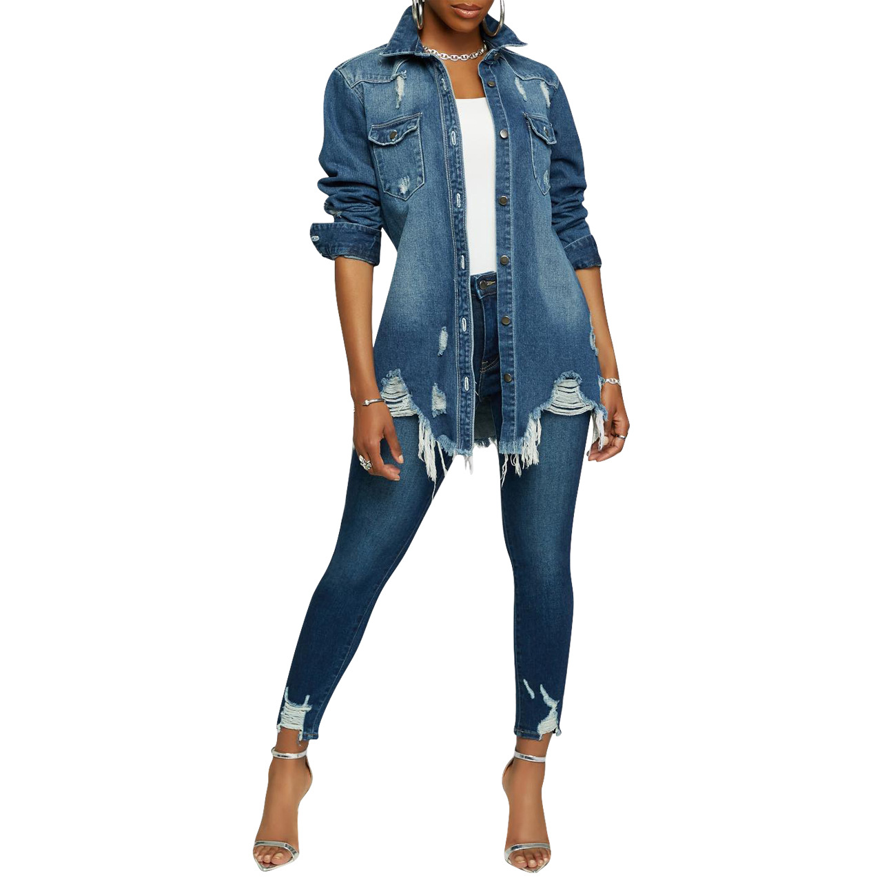 Fashion torn denim two-piece set