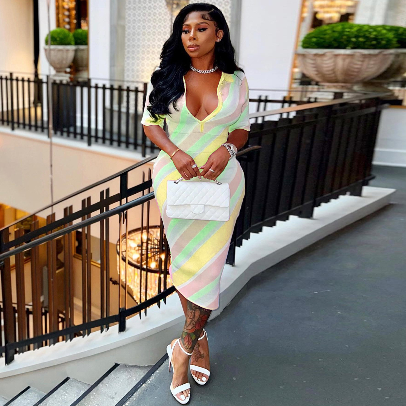 Casual Dress digital stripes contrast color positioning printing skinny V neck button sexy dress